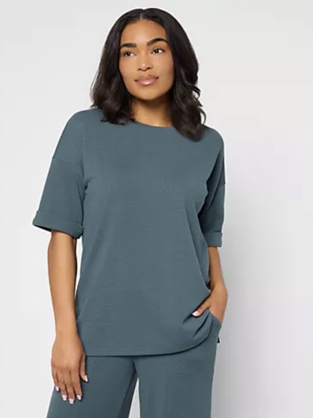 Denim & Co. Active Textured Jacquard Drop Shoulder Top, Slate Sz 2X a725333